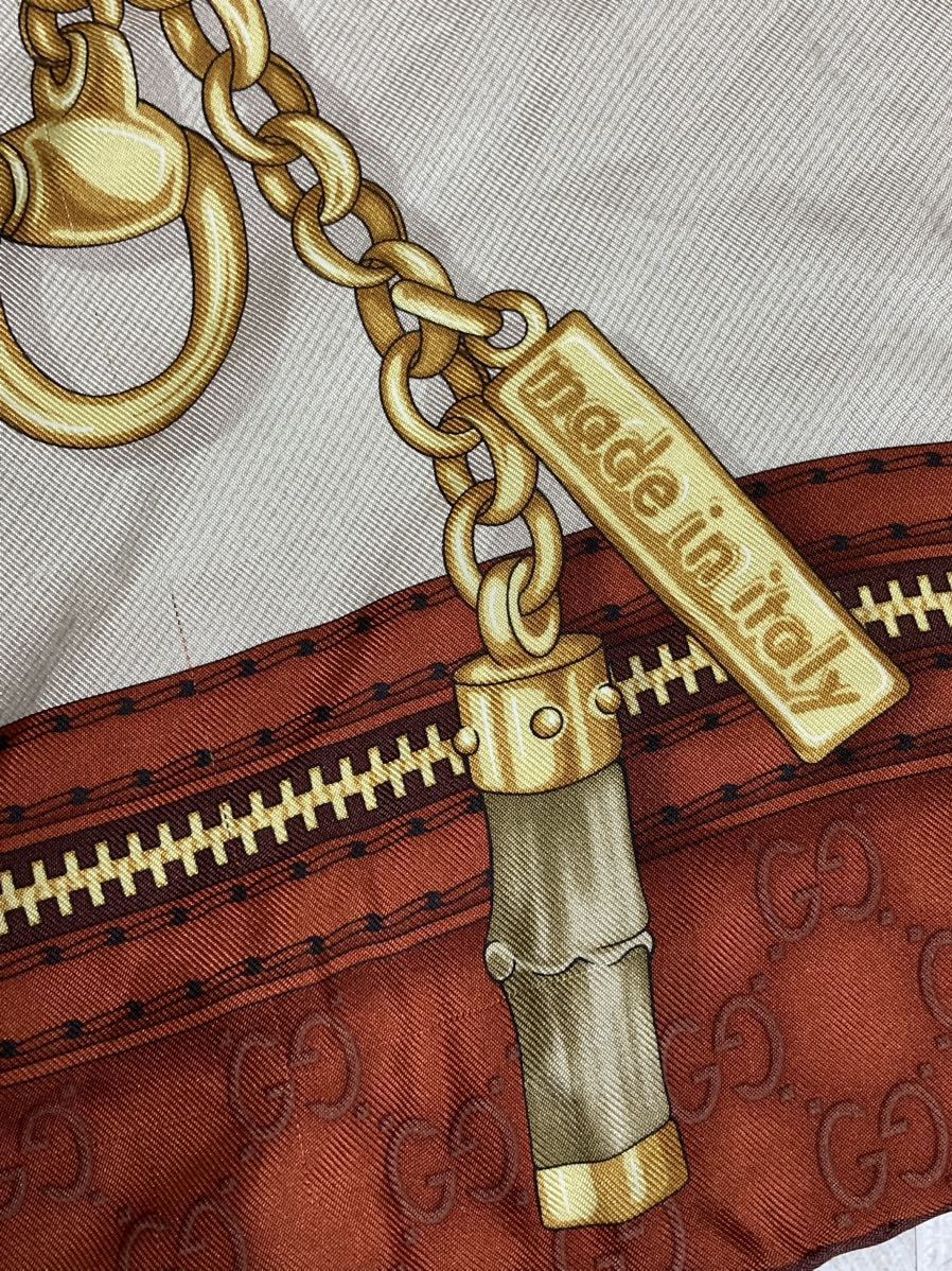 良品 GUCCI GGロゴ柄 チェーン ホースビット バンブー 大判 スカーフ