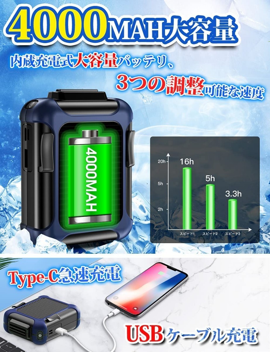 新品 腰ベルト扇風機 ベルトファン 空調服ファン 携帯扇風機 USB充電式 4000mAh 風向きが調節できる 両手解放 腰掛け扇風機 静音 ネイビーの画像4