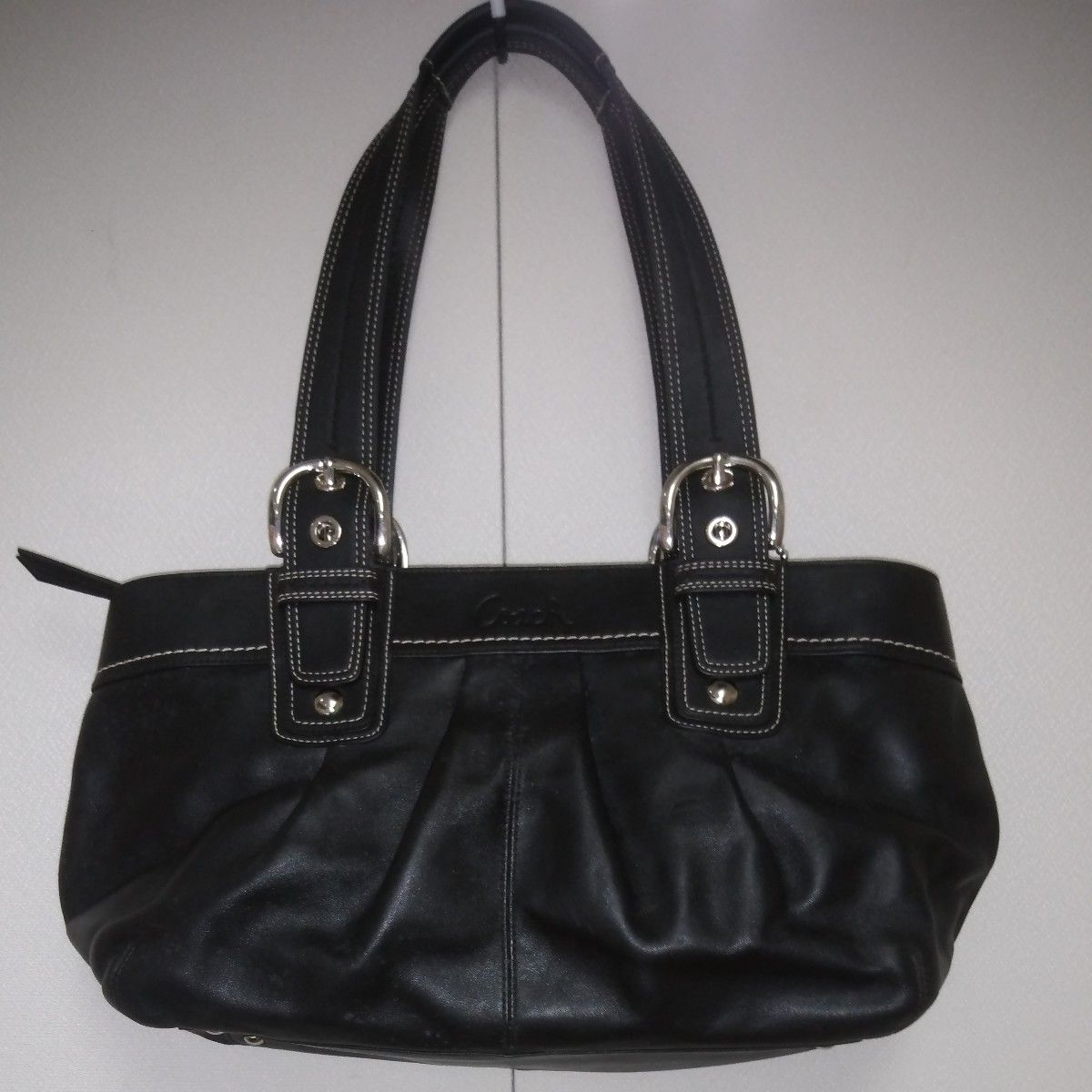 【美品】コーチ F13732 ハンドバッグ プリーテッド ソーホー レザー 黒 COACH コーチ ソーホー プリーテッド レザー トート F13732