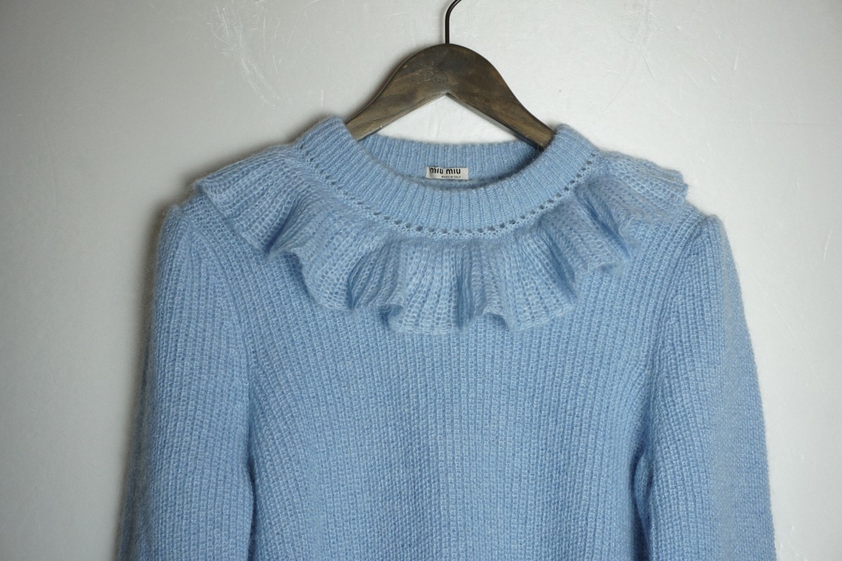 新品 正規 19AW MIUMIU ミュウミュウ MOHAIR SWEATER フリル モヘア ニット セーター カットソー MML238 1UGP F0237 40ブルー 本物912N▲_画像2