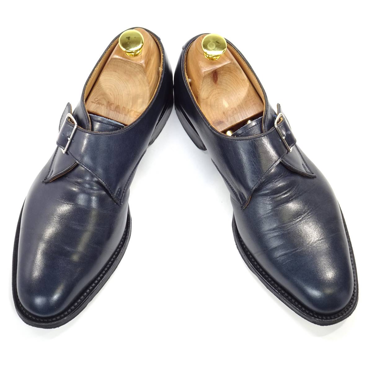即決 SHETLAND FOX 24.5cm モンクストラップ シェットランドフォックス メンズ 6.5 ネイビー 本革 ビジネスシューズ 本皮 高級紳士靴 革靴