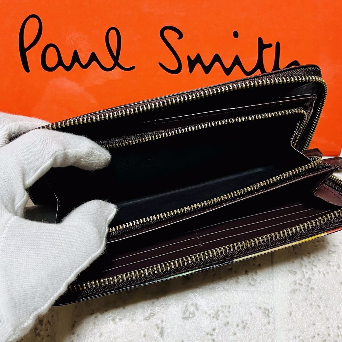 人気モデル ポールスミス PaulSmith アーティストストライプポップ 長財布 ロングウォレット ラウンドファスナー PSC517 ブラウン 8518_画像9