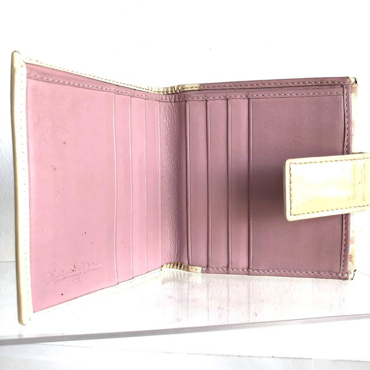 Christian Dior クリスチャンディオール　トロッター　ビジュー　三つ折り財布　キャンバス×レザー　ベージュ×ピンク　イタリア製　刻印_画像7