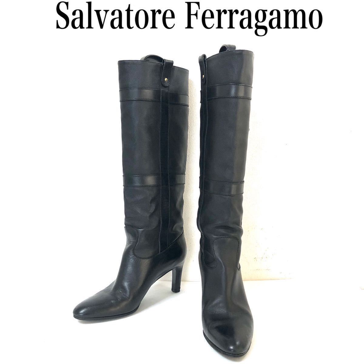大人気定番商品 ■美品■Salvatore Ferragamo サルヴァトーレフェラガモ　ロングブーツ　ブーティ　レザー　サイズ7.5 ブラック　イタリア製　刻印有 7ハーフ以上