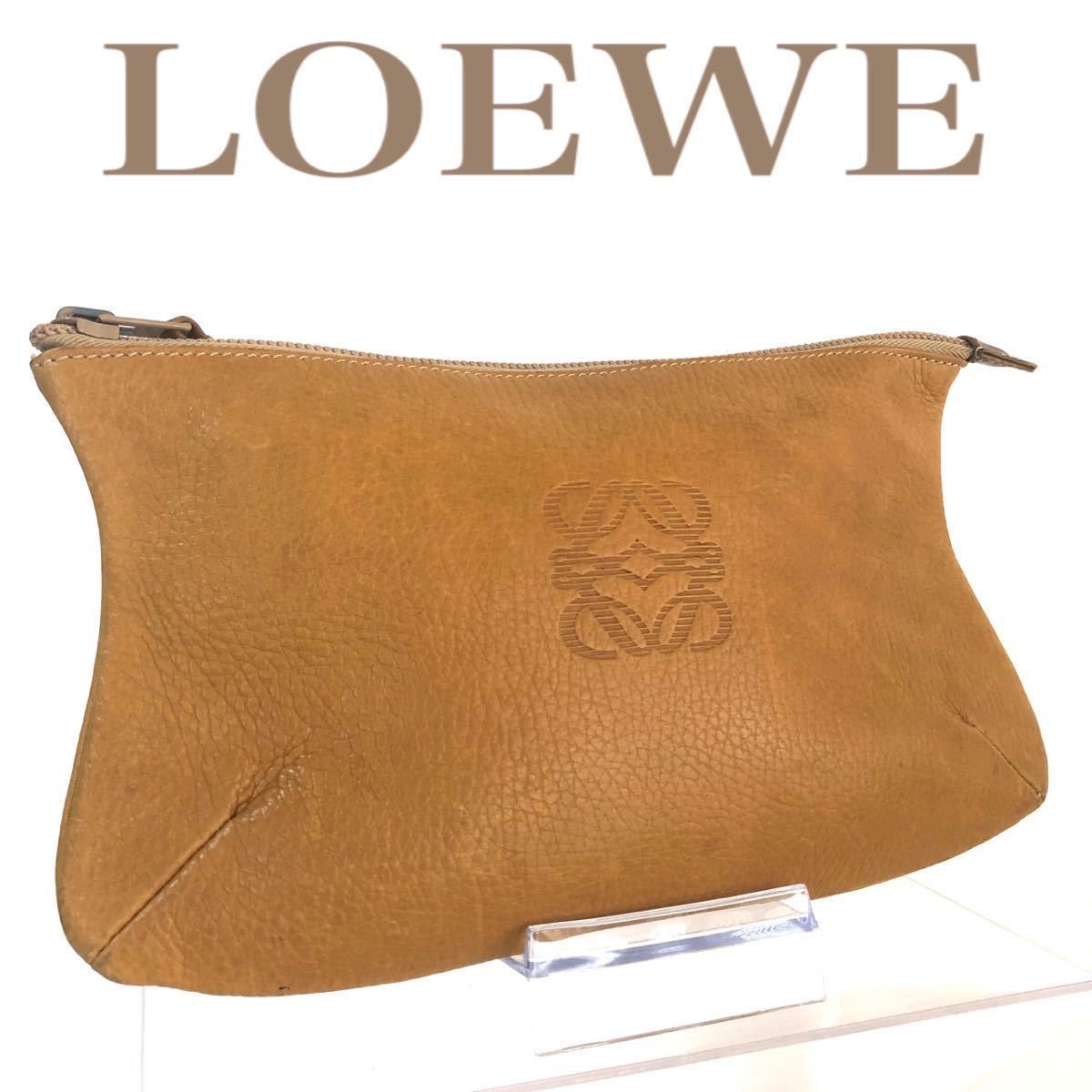 ■美品■LOEWE ロエベ アナグラム型押し ポーチ クラッチバッグ レザー スペイン製 ベージュの画像1