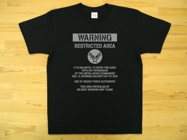 RESTRICTED AREA 黒 5.6oz 半袖Tシャツ グレー XXL 大きいサイズ ミリタリー U.S. AIR FORCE ステンシル_黒（グレー色プリント）