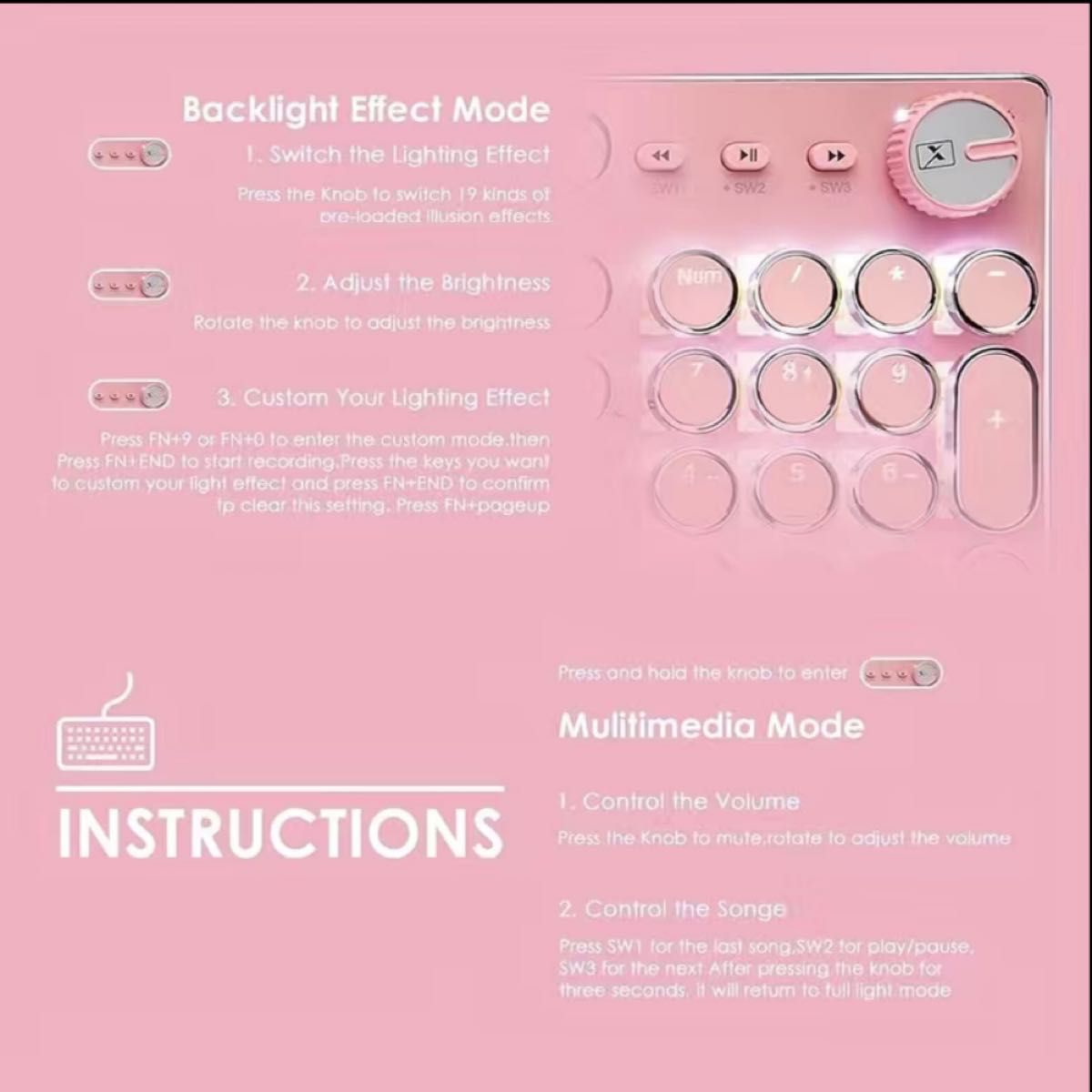 【ピンク タイプライター キーボード】マウス付き マウスパッド レトロ LED バックライト 白色 