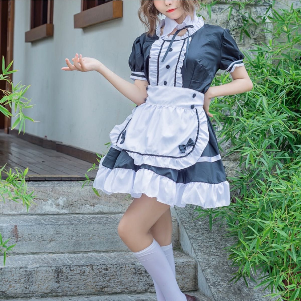 A223 ハロウィン コスプレ イベント コスチューム 衣装 セット 一式 メイド メイド服 メイド喫茶 制服 モノトーン 黒 白