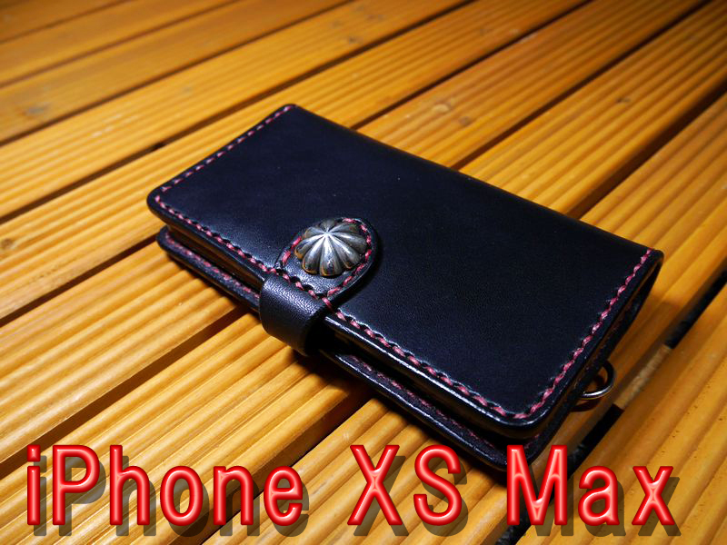 「iPhone XS Max」アイフォンXS Max 10XS マックス 黒本革 赤糸 ブラック 栃木サドルレザー 総手縫い 手帳型ケース 【馬具職人工房】