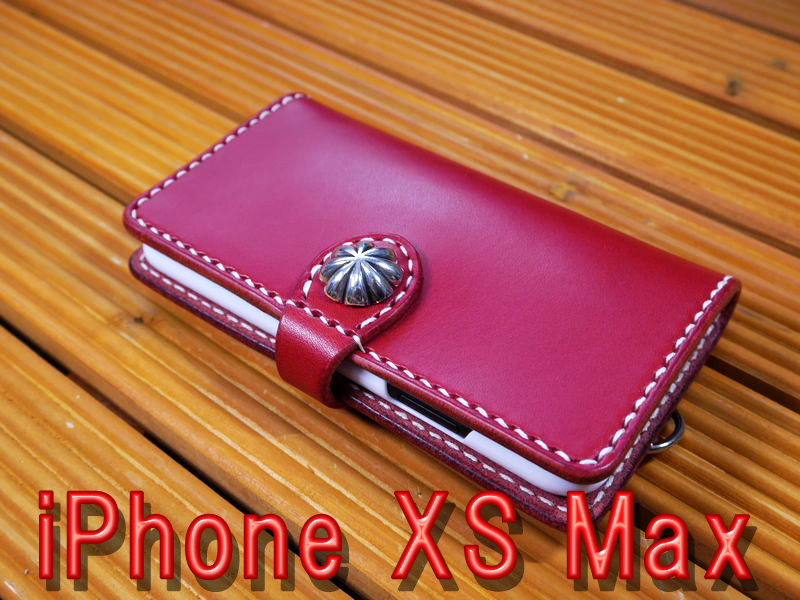 「iPhone XS Max」アイフォンXS Max 10XS マックス 赤本革 レッドサドルレザー 総手縫い ハンドメイド 手帳型ケース 【馬具職人工房】