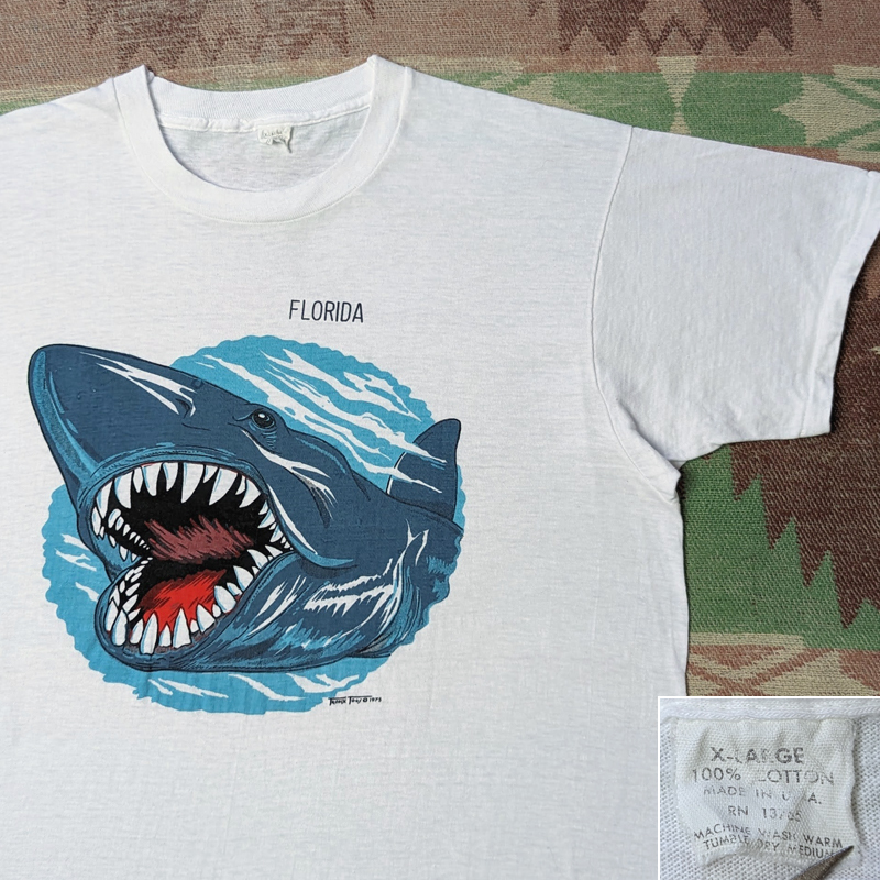 染み込みプリント 【TROPIX TOGS】 70s FLORIDA Shark T-Shirt / 70年代 サメ Tシャツ フルーツオブザルーム アメリカ製 ビンテージ 60s80s