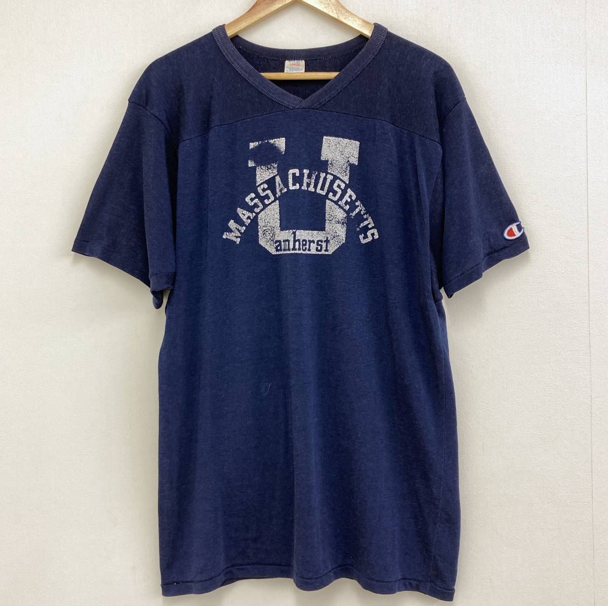 80s Champion VINTAGE フットボールシャツ デカロゴ ネイビー 紺 Lサイズ チャンピオン ビンテージ 半袖 Tシャツ Tee 古着 ★ 1228_画像1