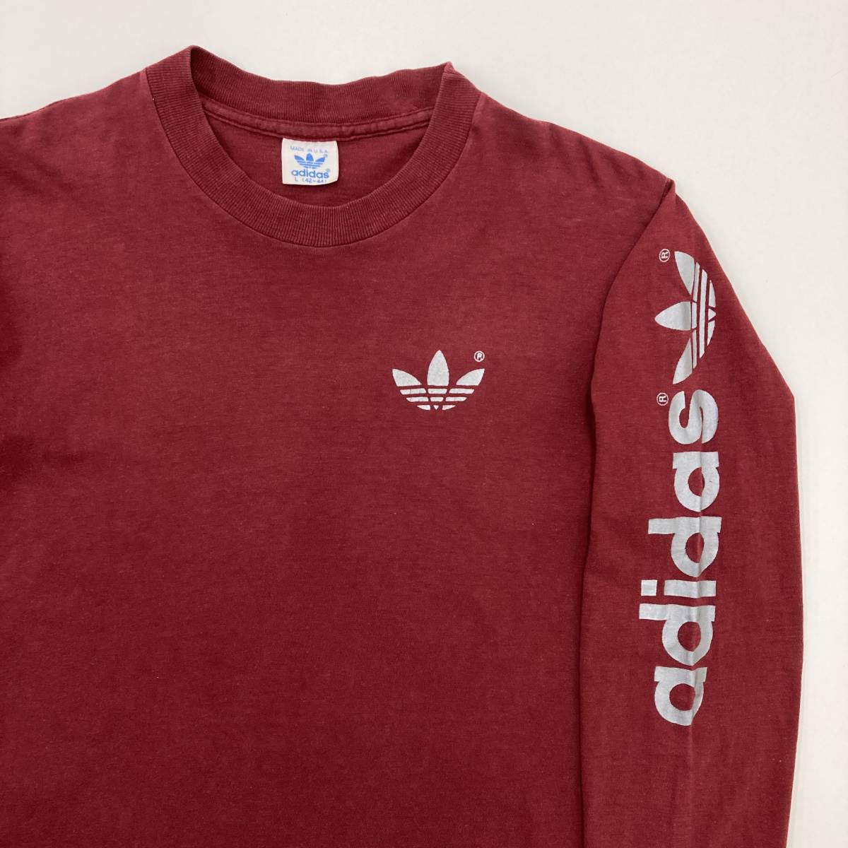 80s USA made adidas sleeve print long T dark red VINTAGE L size Adidas long sleeve T shirt Vintage Old * 1403