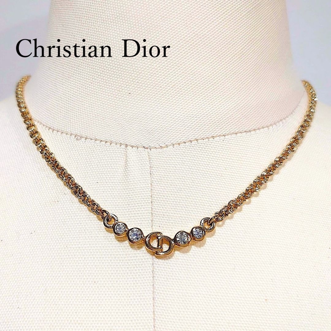 【ほぼ未使用】【極美品】Christian Dior CD クリスチャン ディオール CDロゴ ラインストーン ネックレス ヴィンテージ ゴールド  送料無料