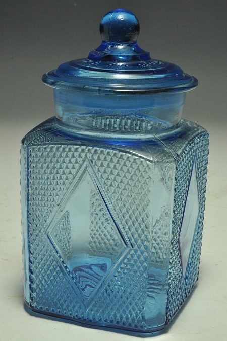 古いキャンディポット あめや瓶 ガラス瓶 プレスガラス 菓子瓶 昭和レトロ 青色硝子 の画像1