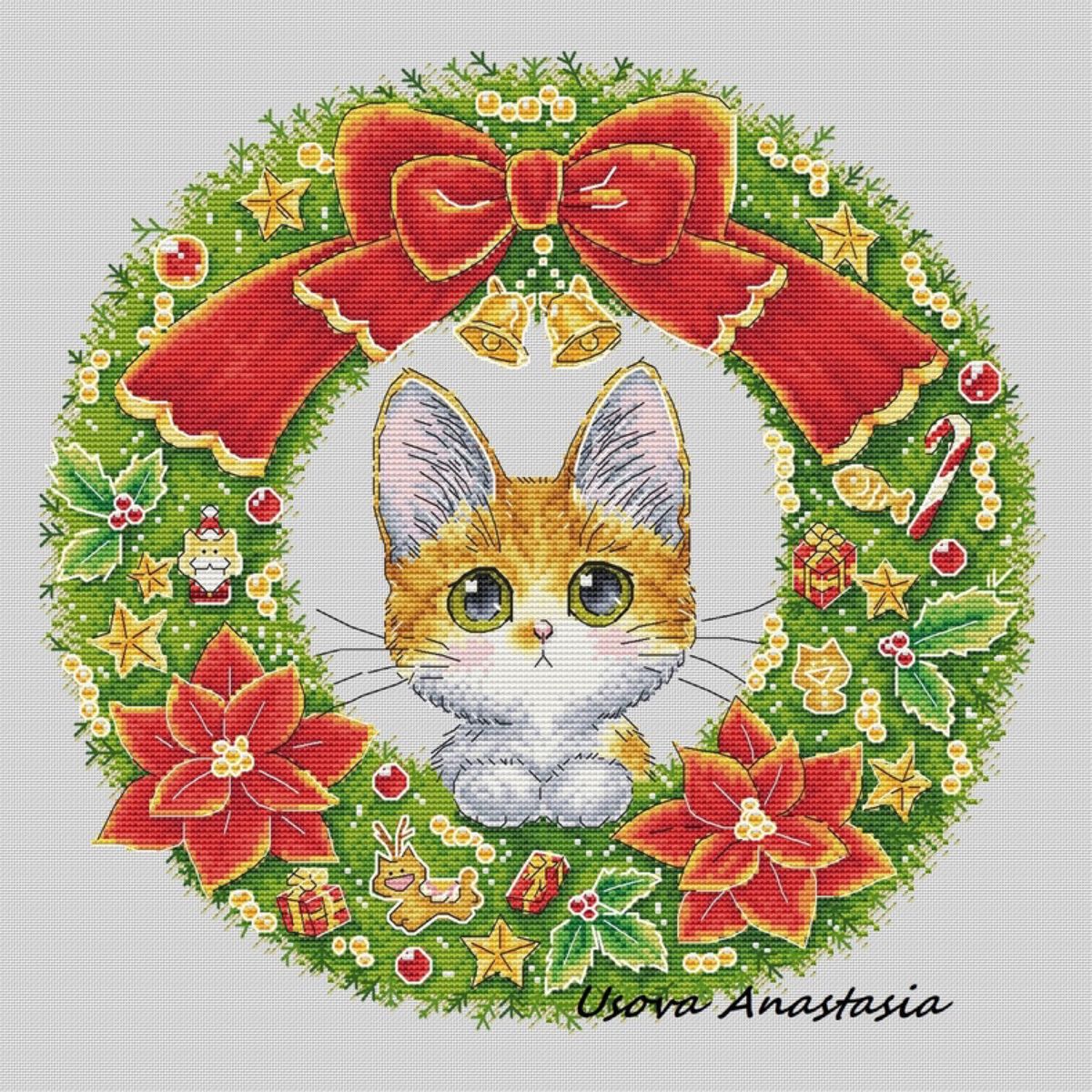 クロスステッチキット　猫のクリスマスリース(14CT、図案印刷あり)