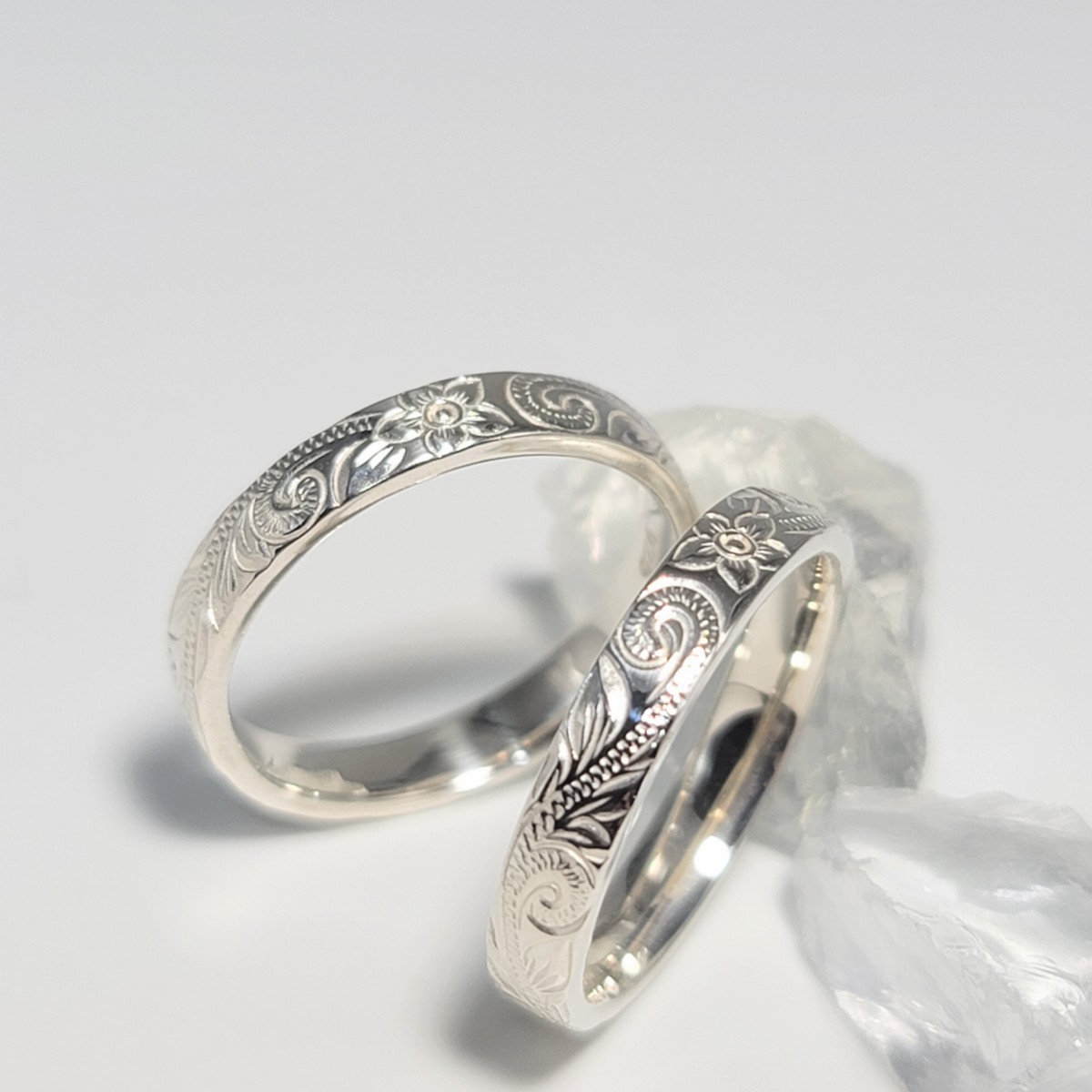 ハワイアンジュエリー ペア 指輪 シルバー が輝く 指が綺麗に見える 平打ち ３㎜ リング ペア セット プルメリア ホヌ スクロール 彫り