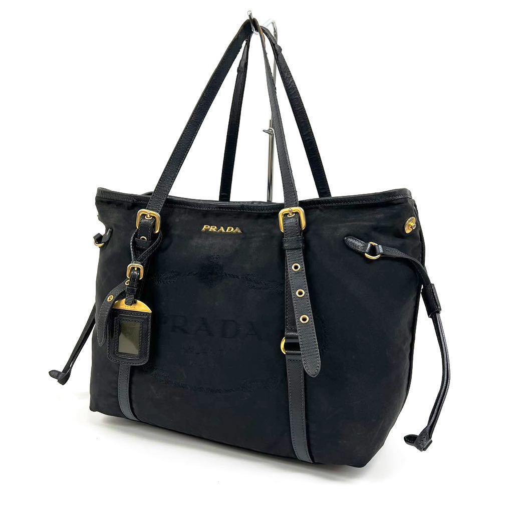 PRADA プラダ ナイロン バッグ トートバッグ ハンドバッグ サフィアーノ レザー 革 ブラック 黒 ゴールド 金 2way ロゴ 鞄 かばん