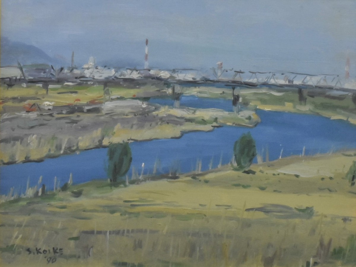  digging recommended work! small . Kiyoshi writing 6F [ the first spring. Sagami river ] oil painting . regular light ..