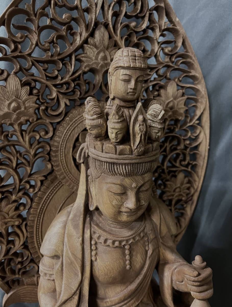 大型高62cm 仏教工芸品 総楠製 井波彫刻 極上彫 木彫仏像 十一面観音
