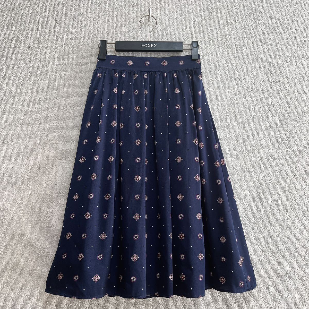 NOLLEY\'S Nolley's *... print knees height gathered skirt 36 navy blue * United Arrows Iena 