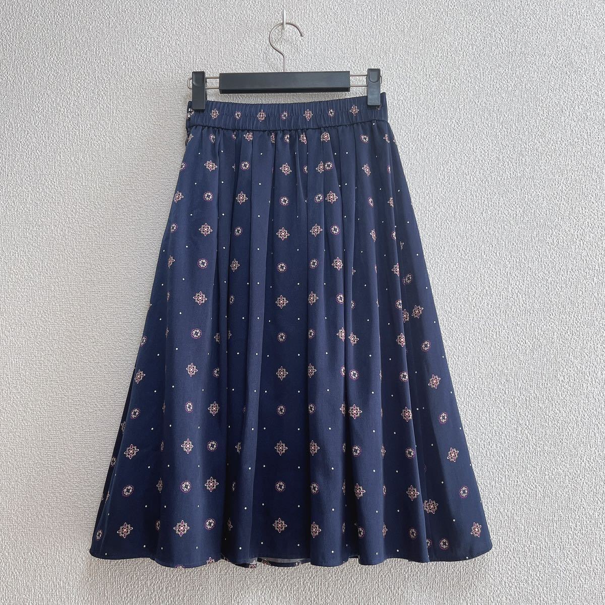 NOLLEY\'S Nolley's *... print knees height gathered skirt 36 navy blue * United Arrows Iena 