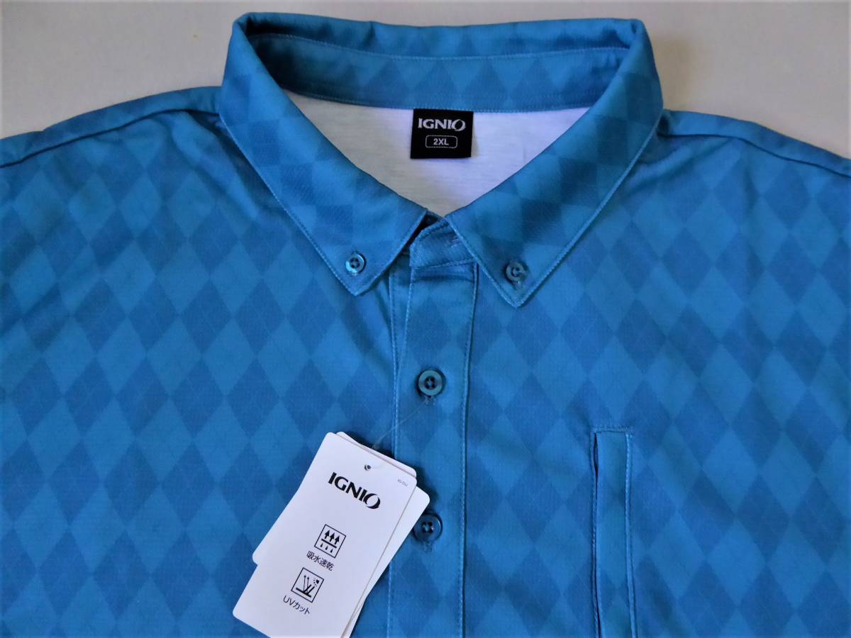 IGNIO GOLF イグニオ ゴルフ 吸水速乾 UVカット ストレッチ ジャカード ボタンダウン長袖ポロシャツ 2XL ターコイズブルーの画像1