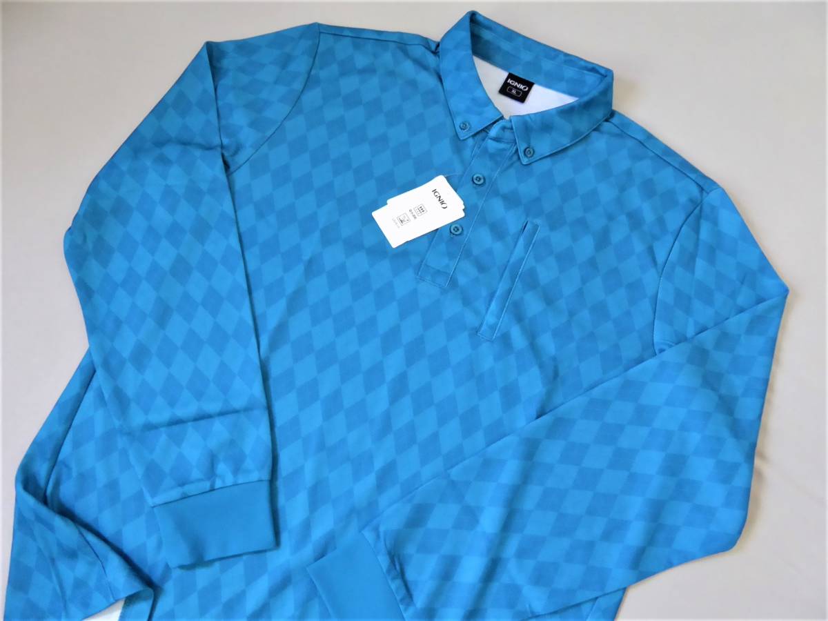 IGNIO GOLF イグニオ ゴルフ 吸水速乾 UVカット ストレッチ ジャカード ボタンダウン長袖ポロシャツ 2XL ターコイズブルーの画像2