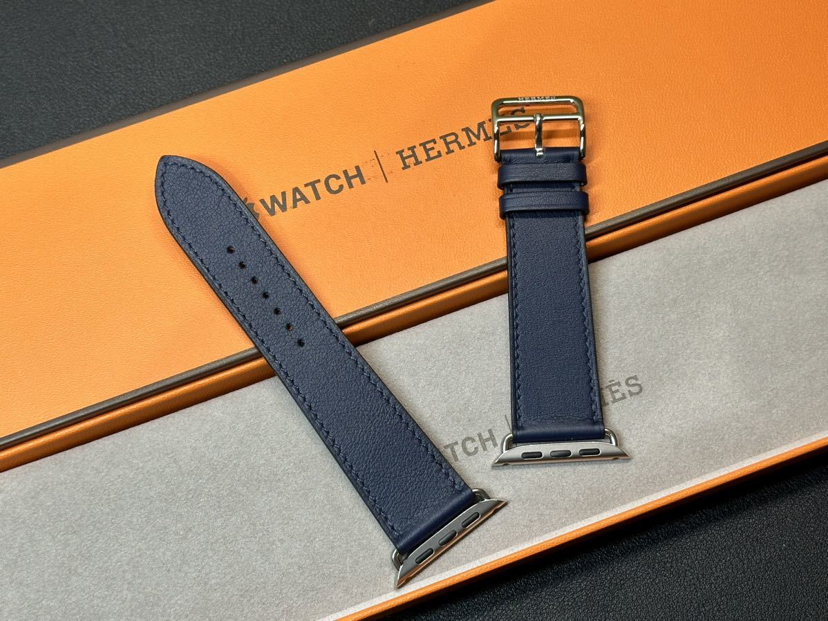 ☆即決 未使用 Apple Watch Hermes 45mm 44mm 42mm ネイビー シンプルトゥール アップルウォッチ エルメス  レザーバンド 純正 正規品 985