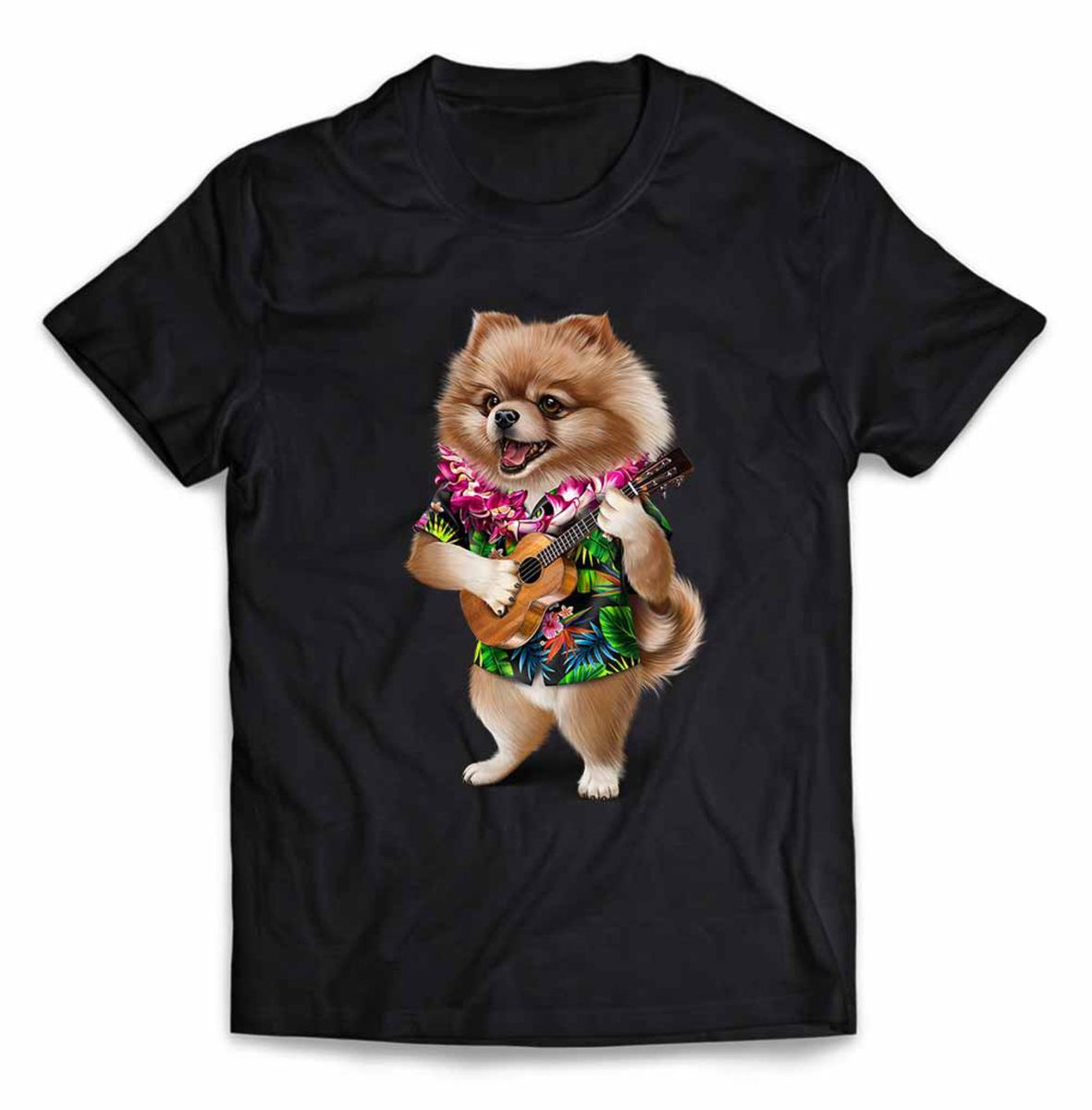 ポメラニアン いぬ 犬 ハワイ アロハシャツ ウクレレギター 半袖 Tシャツ 半袖Tシャツ