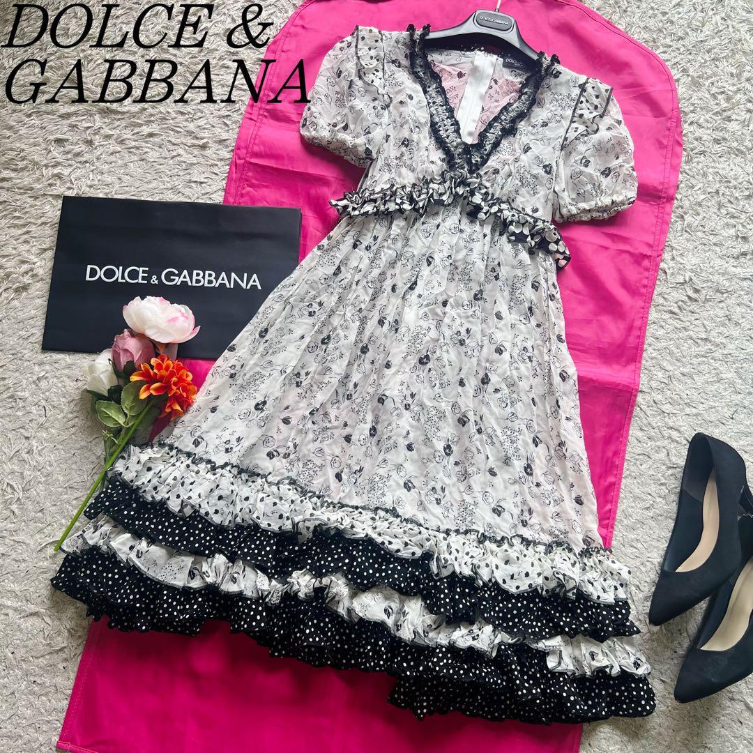 良品】DOLCE&GAABANA シフォンワンピース 総柄 フリル 36 半袖