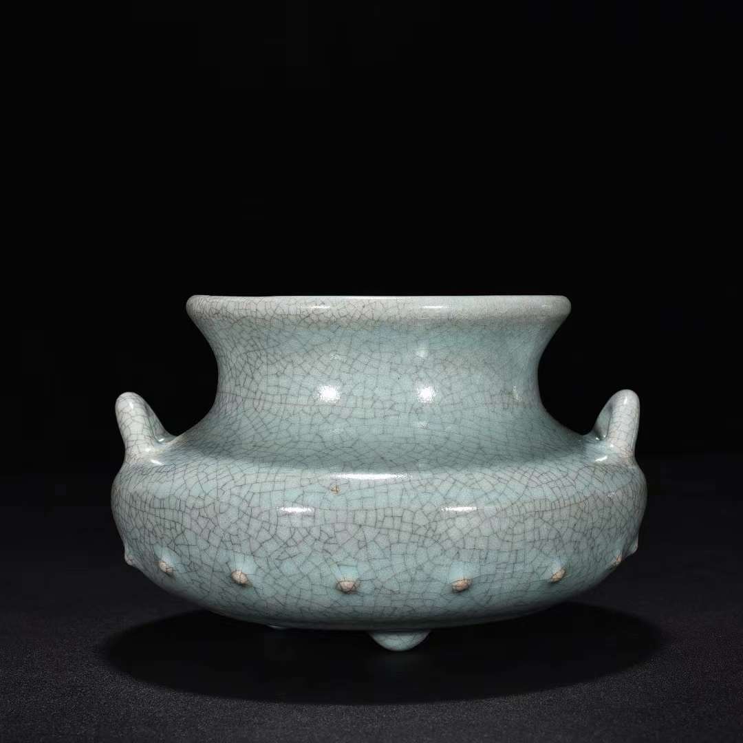 宋汝窯 青釉双耳竜頭三足香炉 景徳鎮 陶磁器 装飾品 現代工芸品 美術品