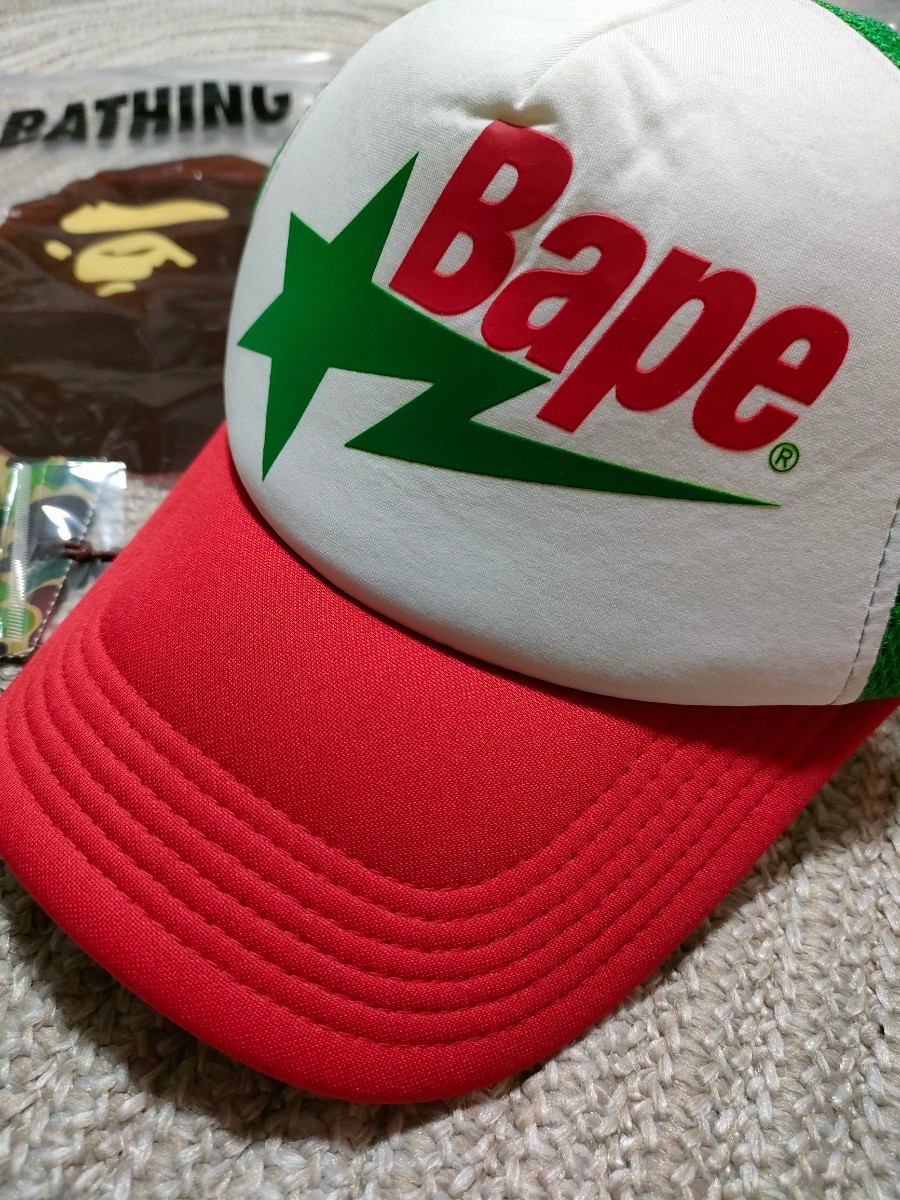 新品 未使用 A BATHING APE アベイシングエイプ BAPESTA ベイプスタ メッシュキャップ グリーン レッド 緑 赤 白 キャップ 帽子_画像2