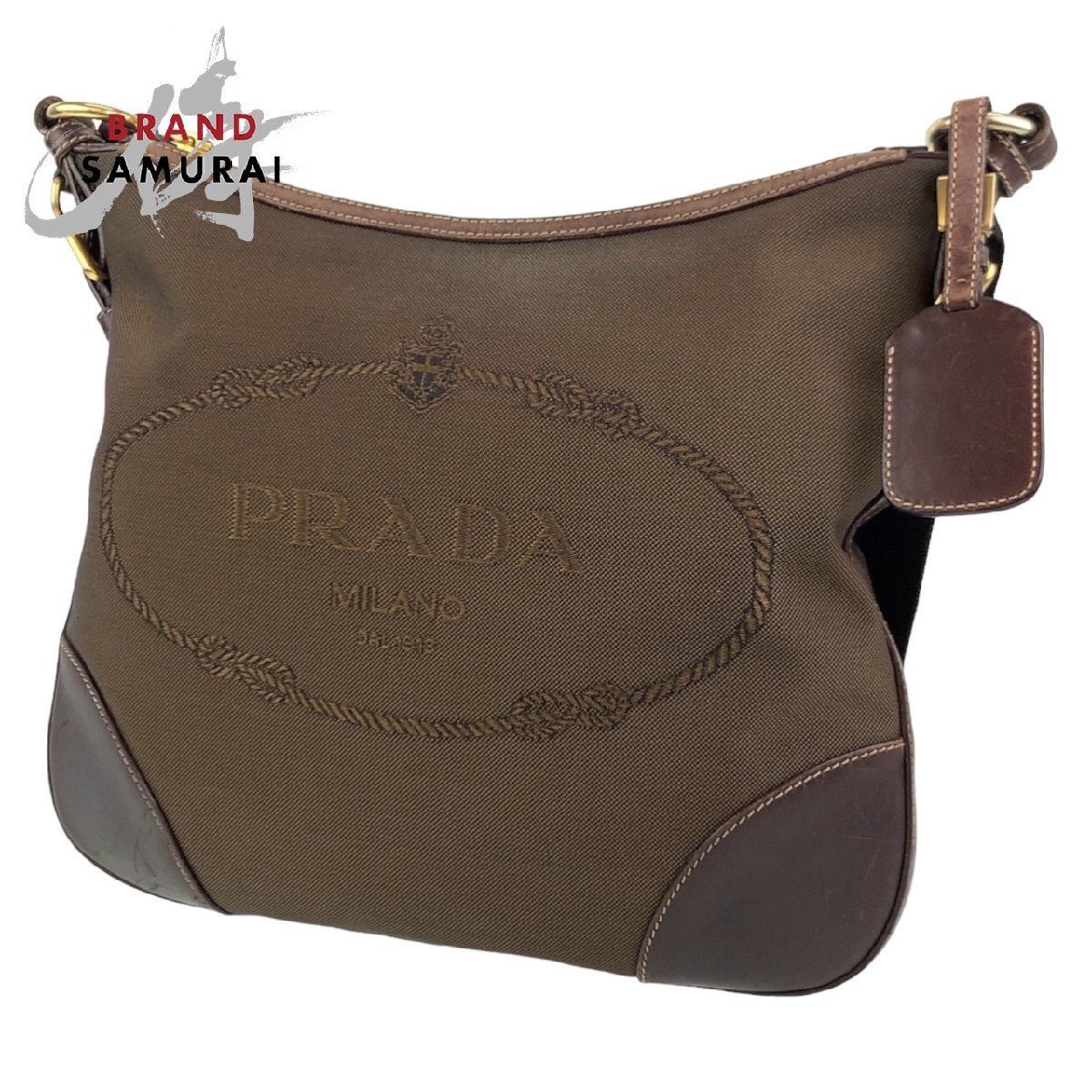 PRADA プラダ ジャガード ブラウン 茶 ゴールド金具 キャンバス/レザー