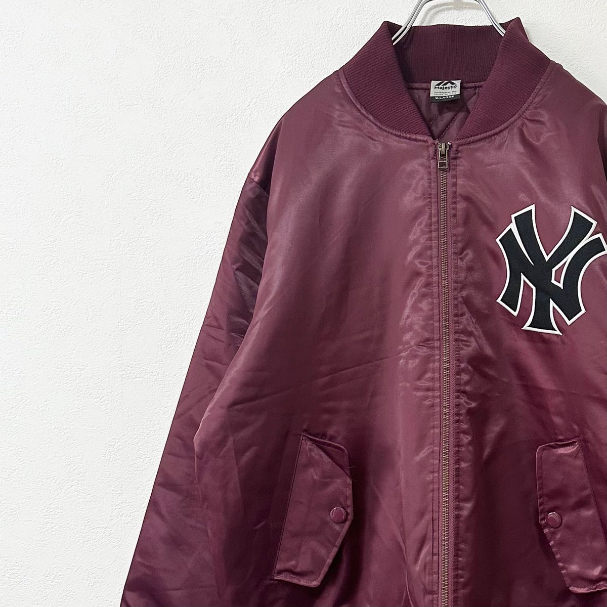 美品★Majestic/マジェスティック★NY★Yankees/ヤンキース★MA-1/MA1★スタジャン★ボルドー/ワイン系★XL