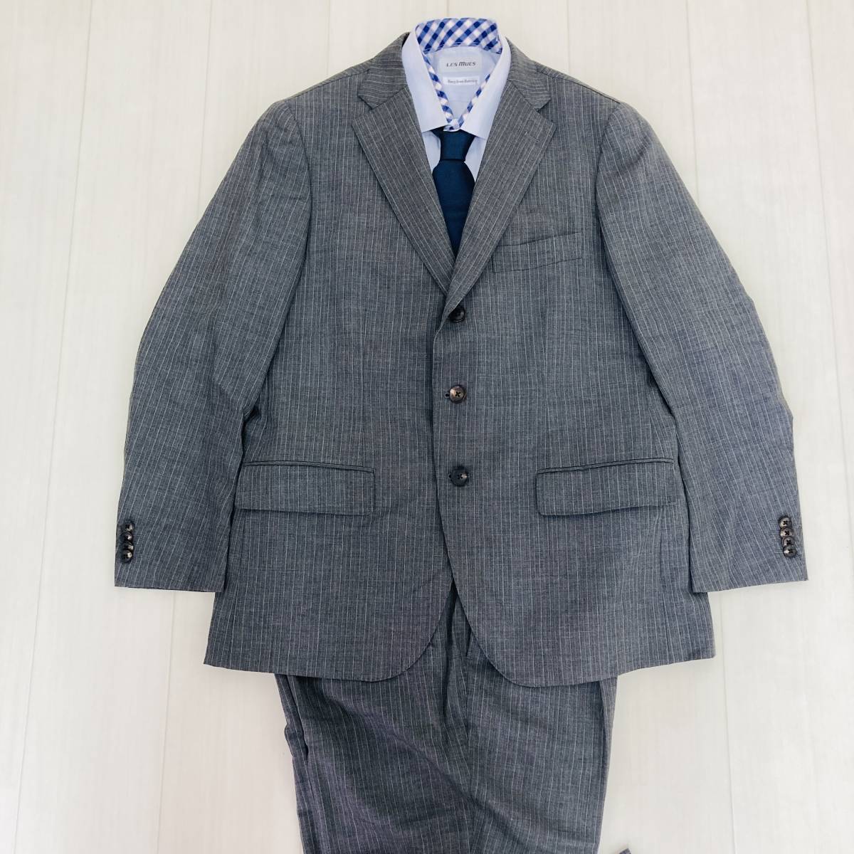 a03099 美品 Forz THE SUIT スーツ セットアップ シングル 肩パット 98-92-170 グレー ストライプ 毛混 薄手 オフィススタイリッシュルック_画像1