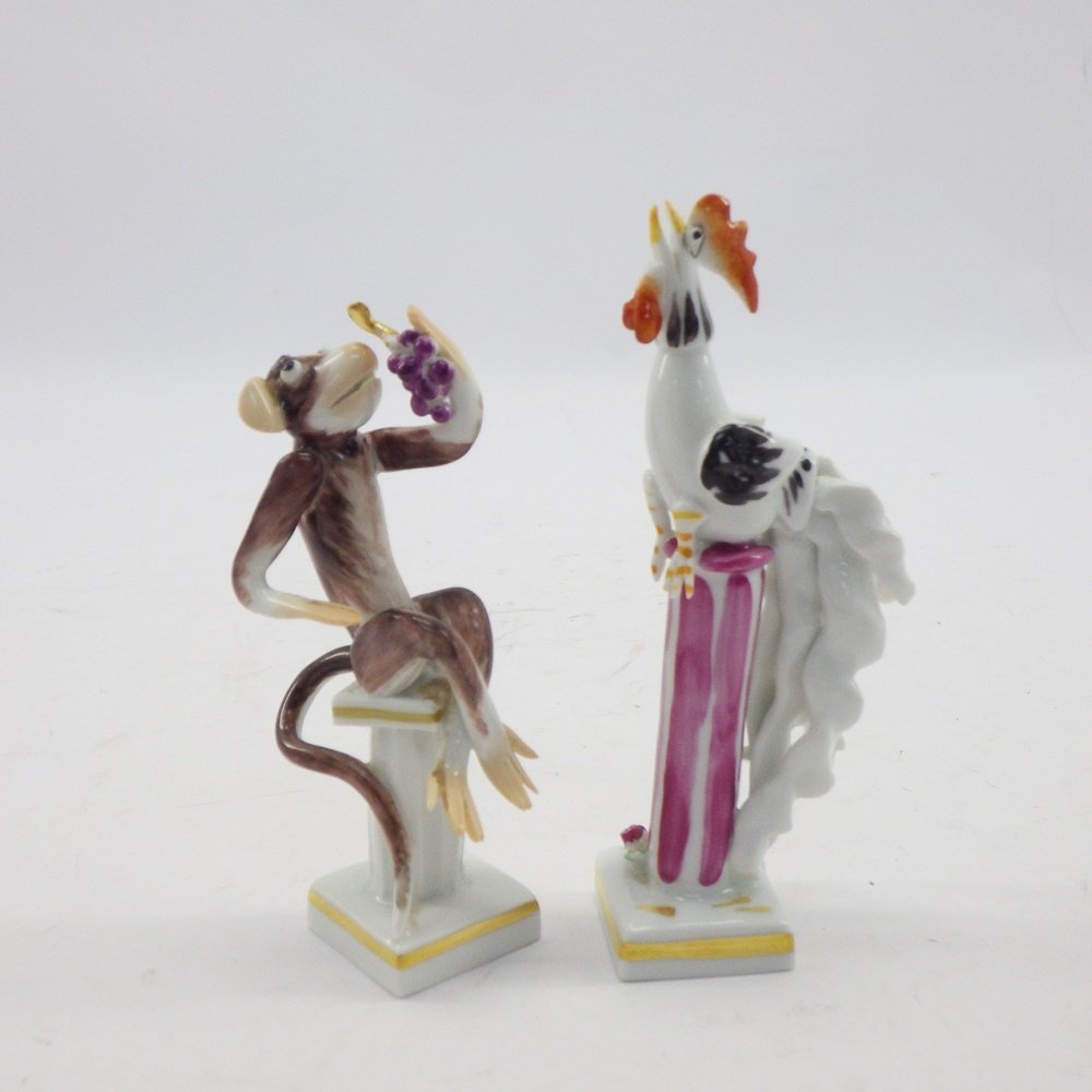 1円~ Meissen マイセン 手びねり人形 干支 申・酉 計2点 陶器 人形