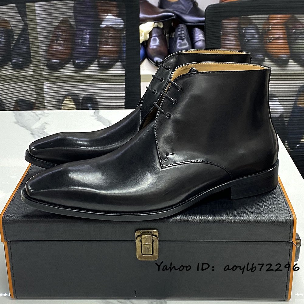 極美品 本革 レザーブーツ 職人手作り ショートブーツ 革靴 高級牛革 紳士靴 イタリア製 レザーシューズ ビジネスブーツ ブラック 27.5cm