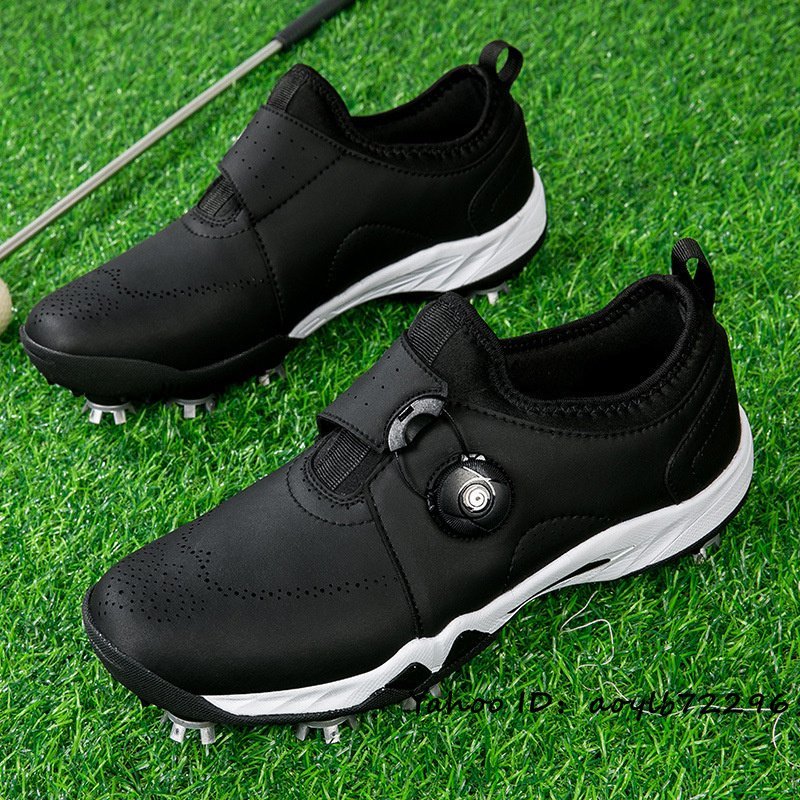 超美品 ゴルフシューズ 新品 ダイヤル式 スポーツシューズ 運動靴 メンズ 幅広い フィット感 軽量 防水 防滑 耐磨 弾力性 ブラック 25cm