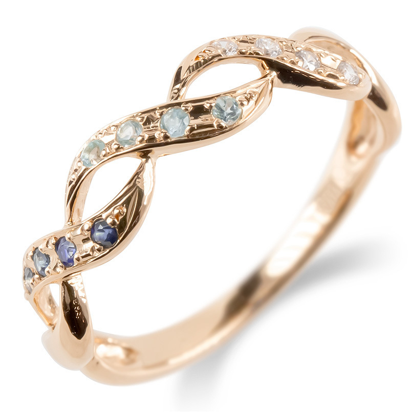 婚約指輪 ダイヤ 安い ゴールド リング ダイヤモンド ブルートパーズ サファイア スクロール 指輪 10金 10k ピンクゴールドk10