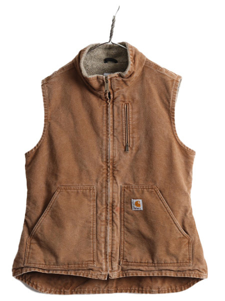 US企画 カーハート モックネック 裏 ボア ダック ベスト レディース M / 古着 CARHARTT パイル フリース フルジップ ワーク 重ね着 厚手 茶_画像1