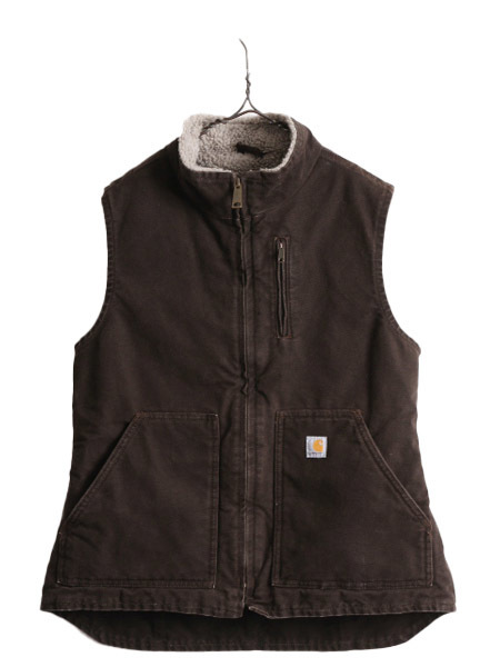 US企画 カーハート モックネック 裏 ボア ダック ベスト レディース S 古着 CARHARTT パイル フリース フルジップ ワーク 重ね着 厚手 濃茶