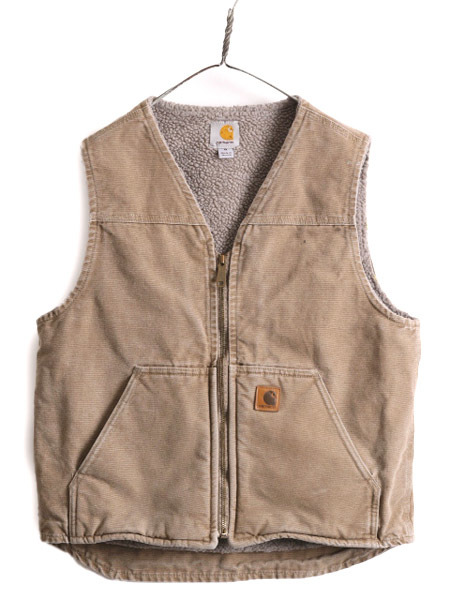 US企画 カーハート 裏 ボア ダック ベスト メンズ M / 古着 CARHARTT パイル フリース 重ね着 前開き フルジップ 茶 ワーク ブラウン V26