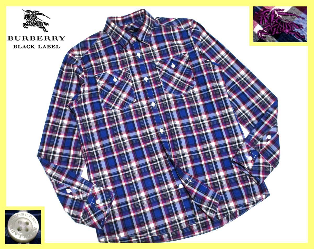 極美品 バーバリーブラックレーベル パープルホース刺繍 マルチノバチェック総柄 シャツ サイズ M(2) 