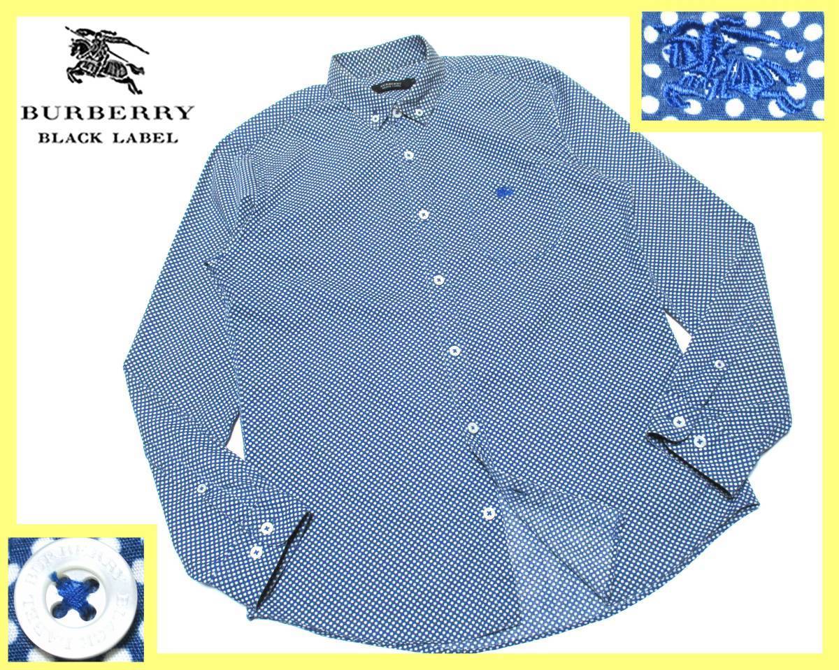 極美品 バーバリーブラックレーベル ネイビーホース刺繍 ホワイトドット総柄 ボタンダウンシャツ サイズ M(2)