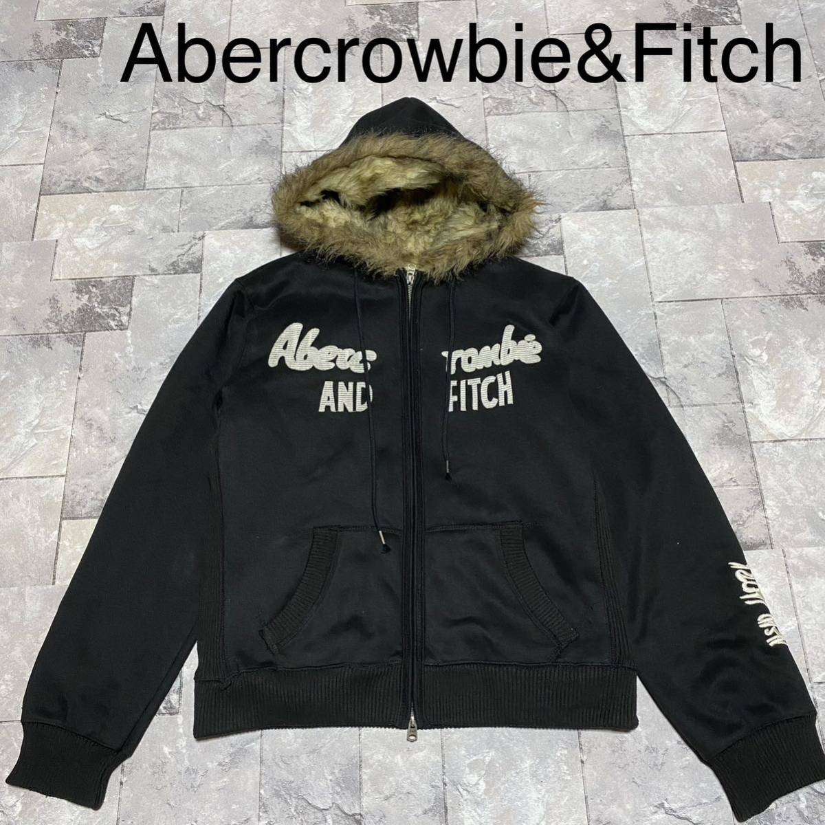 Abercrowbie&Fitch アバクロ スウェット パーカー ジップアップ 裏地ファー ビッグ刺繍ロゴ USA企画 サイズL 玉FS1063