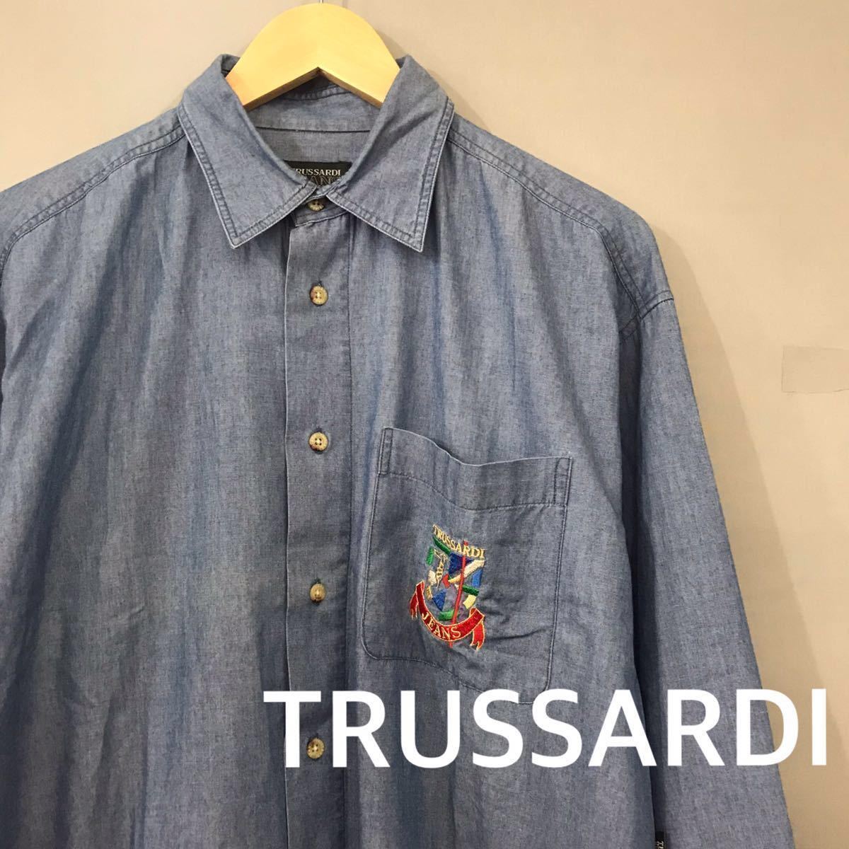  Trussardi TRUSSARDI кнопка down рубашка джинсы cut and sewn Denim цвет Logo вышивка b люмен z мужской 48 размер ♭*-