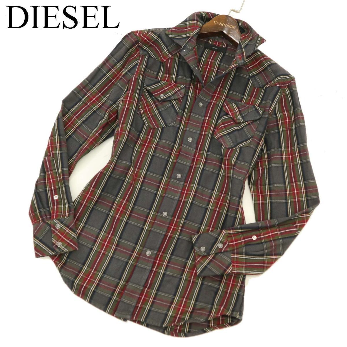 DIESEL ディーゼル 秋冬 長袖 ウエスタン チェック ネル★ シャツ Sz.XS　メンズ グレー　C3T07501_8#B_画像1