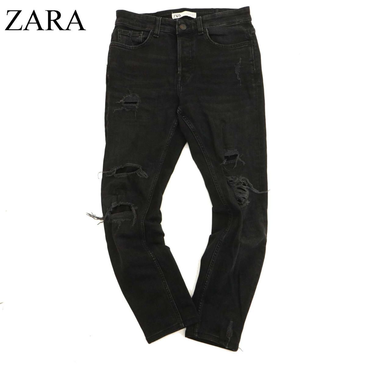 ZARA ザラ マン 通年 ダメージ加工★ ストレッチ スリム テーパード デニム パンツ ジーンズ Sz.30　メンズ 黒　C3B03310_9#R_画像1