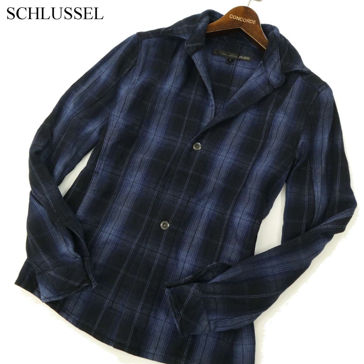 SCHLUSSEL シュリセル 秋冬 長袖 襟袖ワイヤー★ チェック ネル シャツ Sz.2　メンズ ネイビー　C3T07875_9#B_画像1